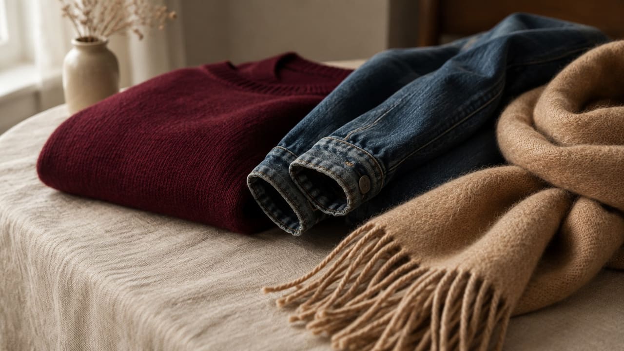 A folded knit layer, washed denim and camel wool on a warm neutral table