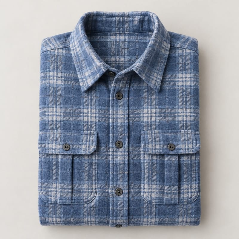 A folded brushed cotton plaid shirt with a point collar and two chest pockets