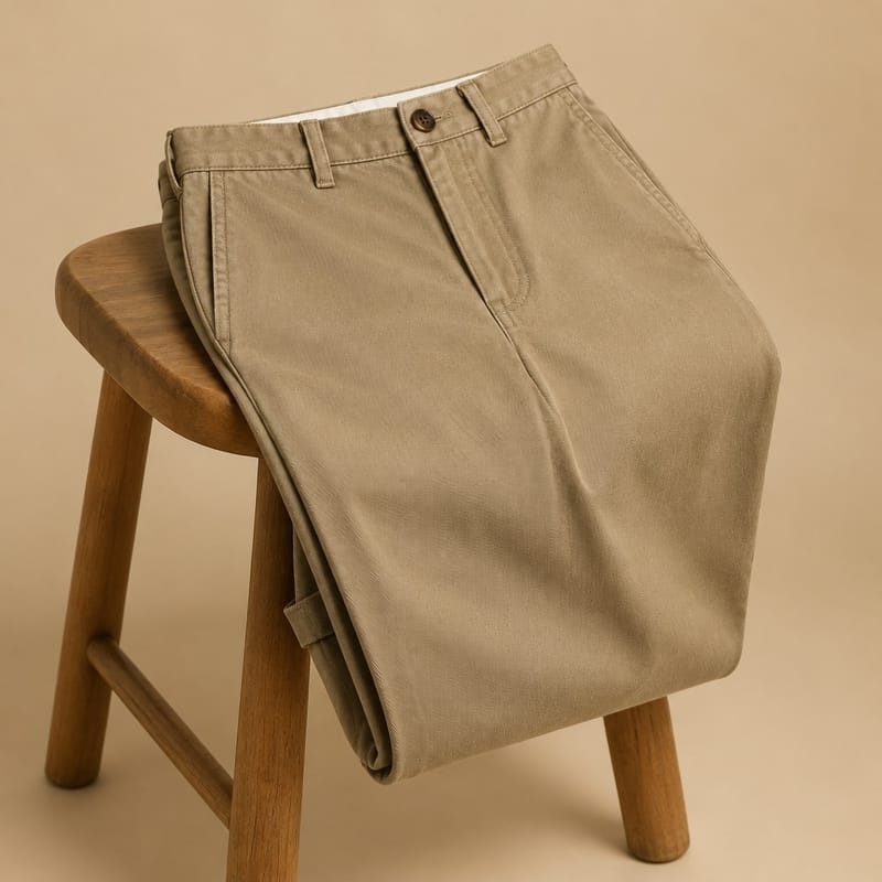 A pair of folded khaki cotton twill trousers with a flat front