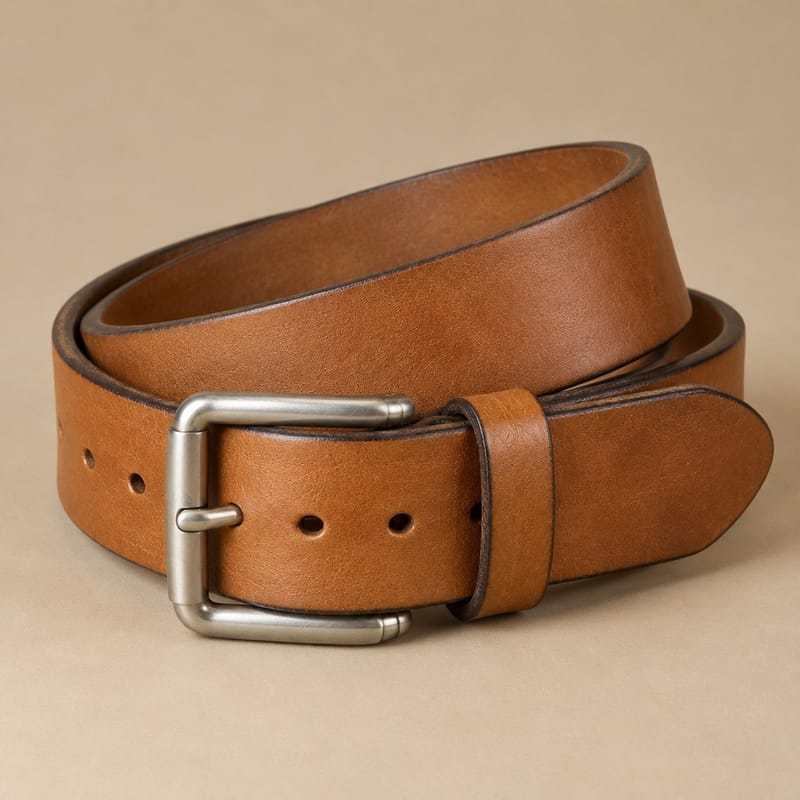 A coiled full-grain leather belt with a brushed nickel roller buckle