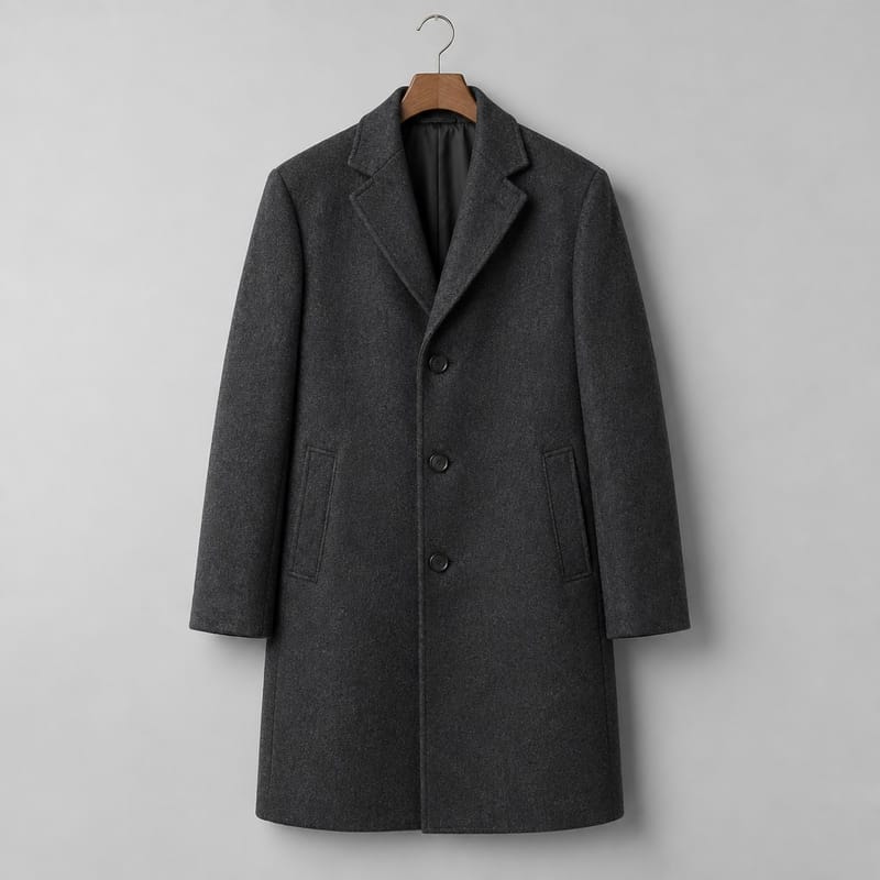 A folded charcoal melton topcoat with a notch lapel and three front buttons