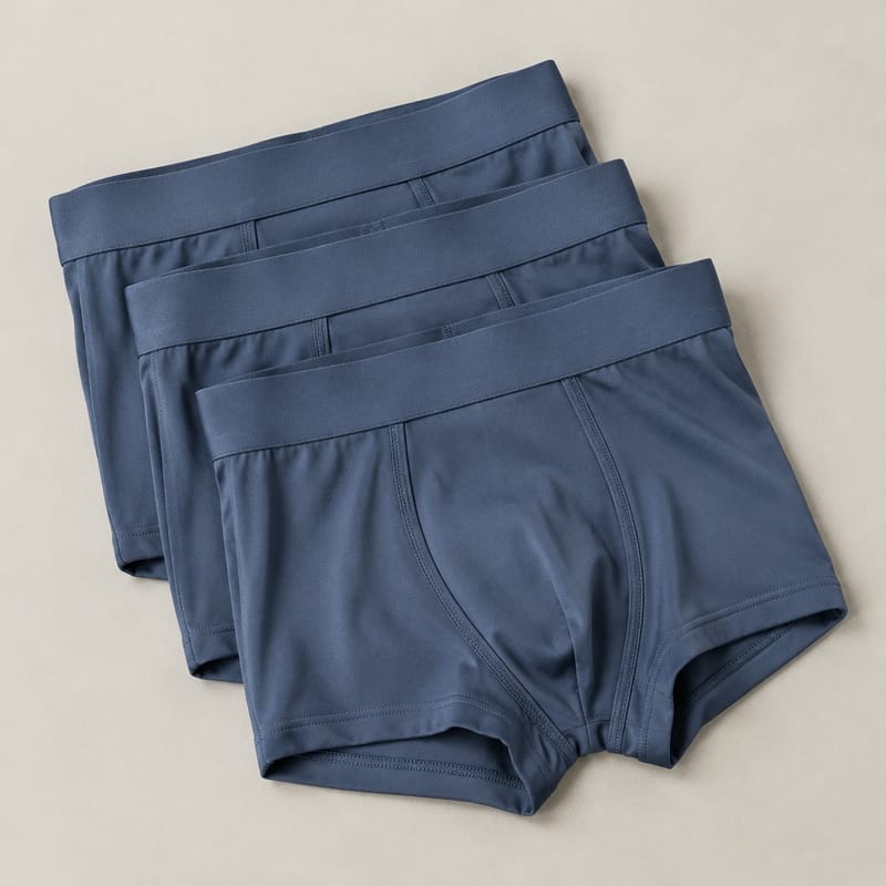 Three folded charcoal trunks with a smooth covered waistband, laid on a light surface