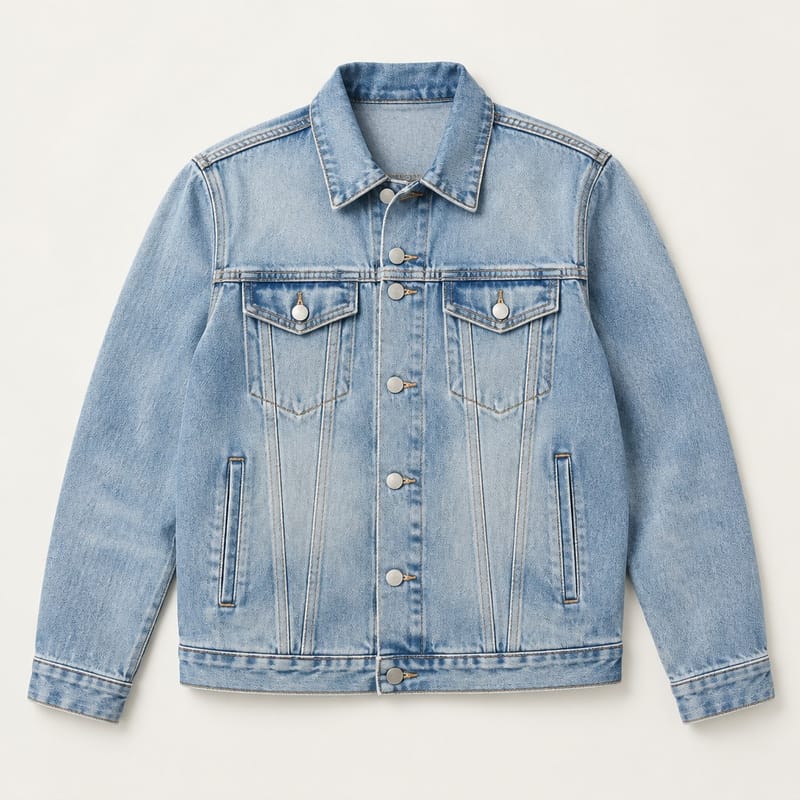 A washed blue denim trucker jacket with two chest flap pockets, laid flat
