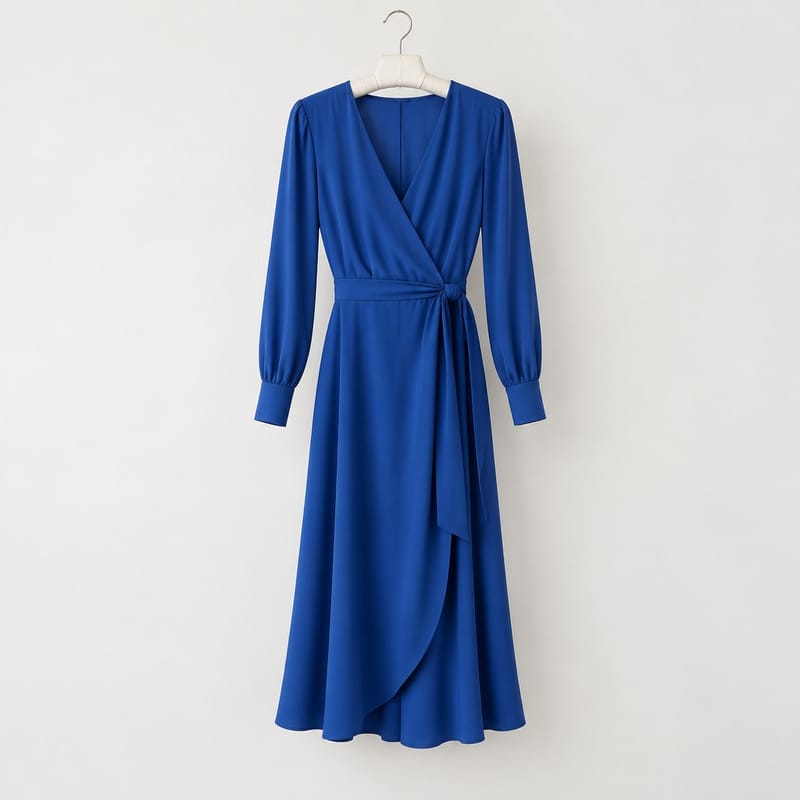 A folded royal blue midi wrap dress in a fluid crepe with long sleeves